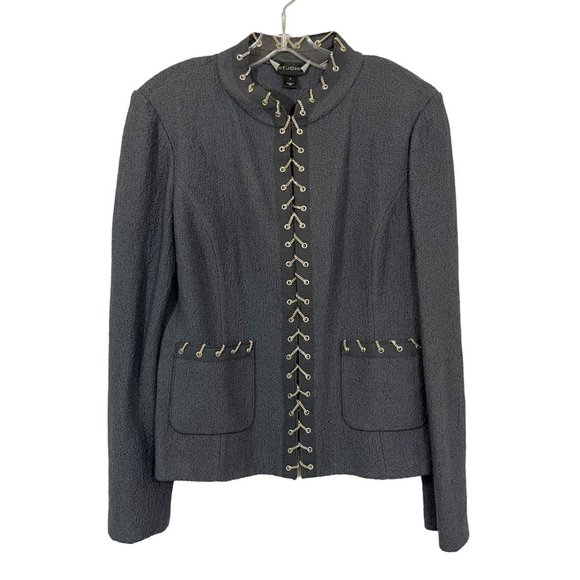St. John Gray Hidden Closure Jacket Chain Grommet Accent Wool Blend - Size 8 - Picture 1 of 3